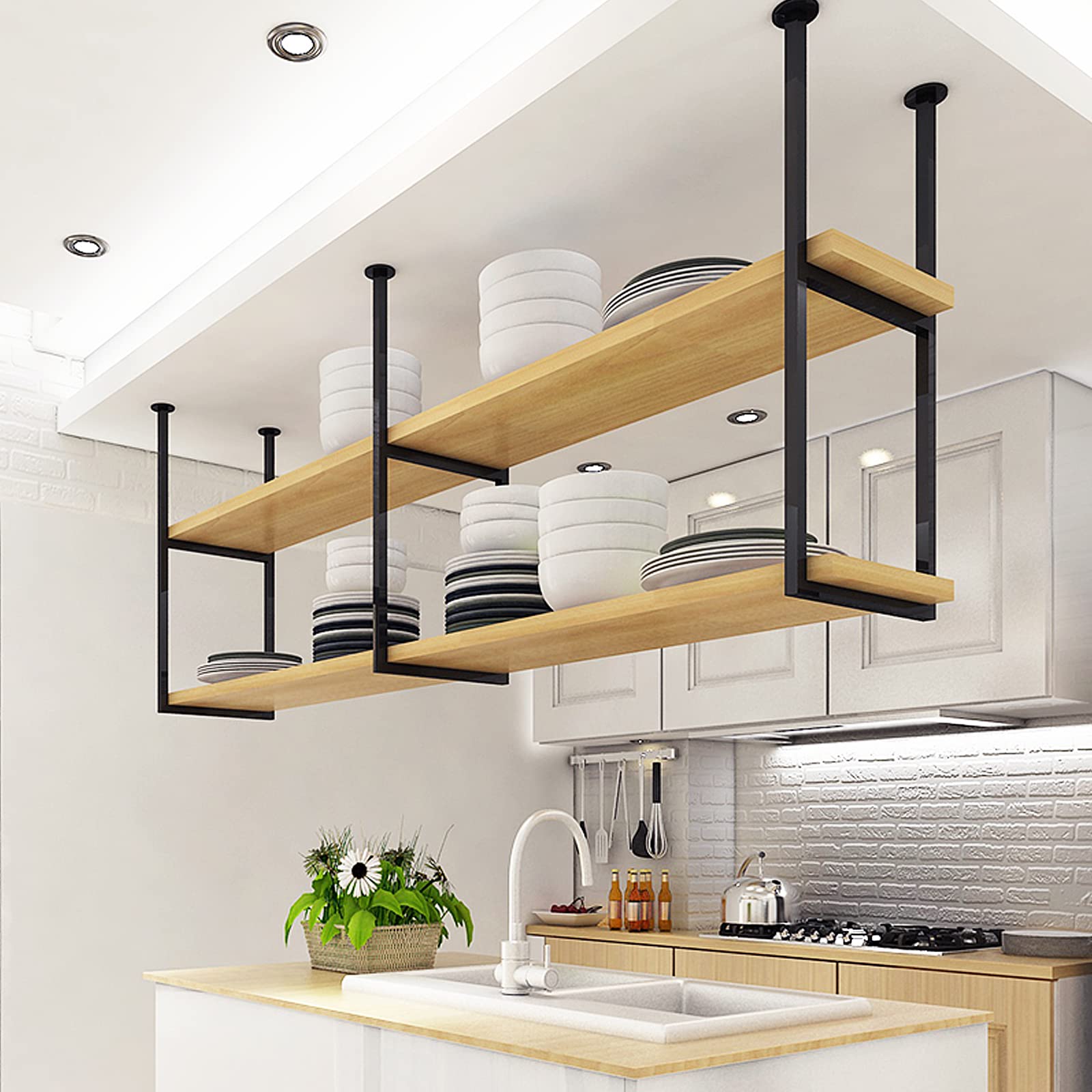 キッチン収納・ラック Round Wooden Ceiling Rack Amazon.com: Ceiling Shelf, Floating Shelves Kitchen Storage